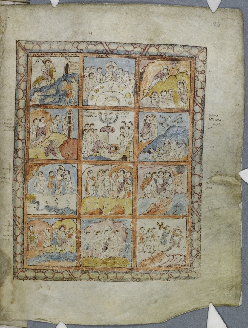 マンガ風に描かれているキリストの受難（『アウグスティヌスの福音書』6世紀　Cambridge, Corpus Christi College MS 286, fol. 125r）(c)The Parker Library