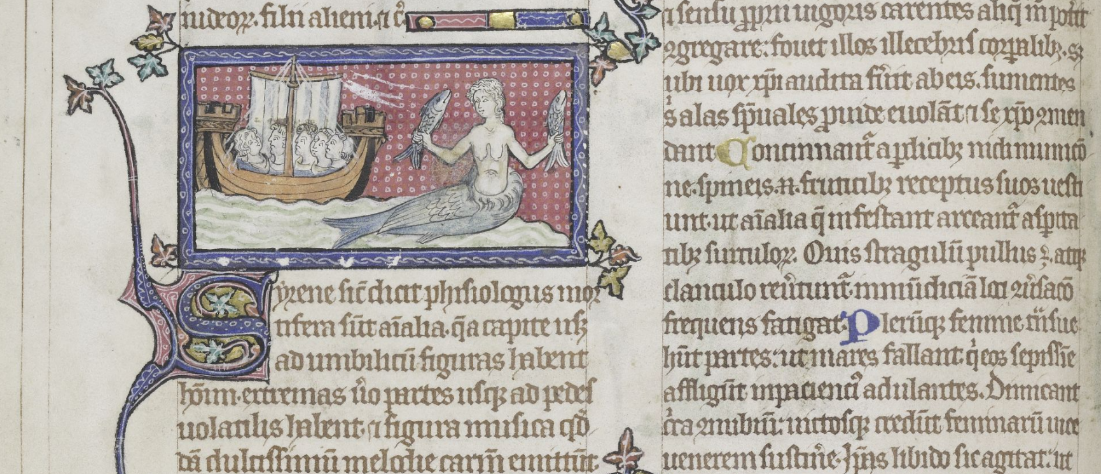 人魚（『動物寓話集』14世紀　Cambridge, Corpus Christi College MS 53, fol. 201v）(c)The Parker Library